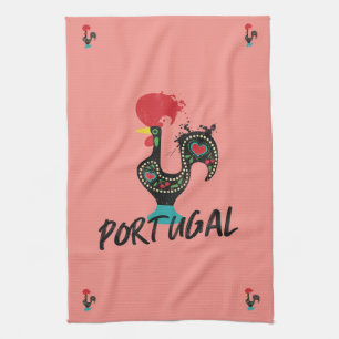 Barcelos Rooster, Portuguese Symbol on pink Tea Towel