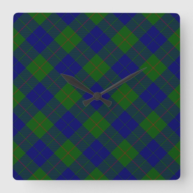 Barclay clan tartan blue green plaid square wall clock (Front)
