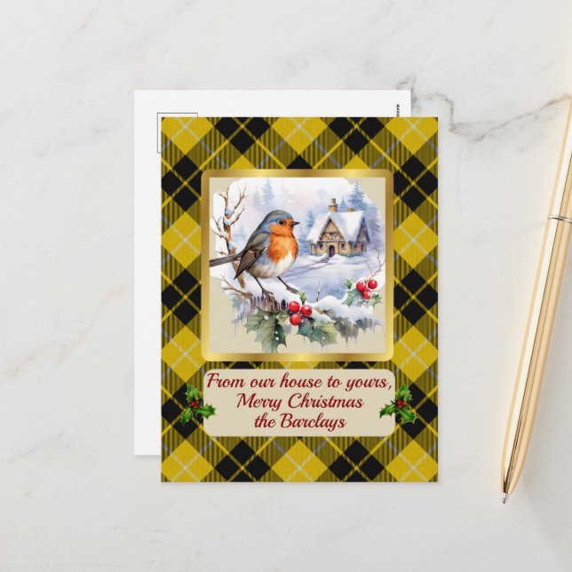 Barclay Crest & Tartan w/Robin Personalised  Holiday Postcard (Front/Back In Situ)