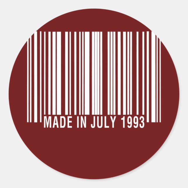 Barcode Made or Born in July 1993 Birthday in Classic Round Sticker (Front)