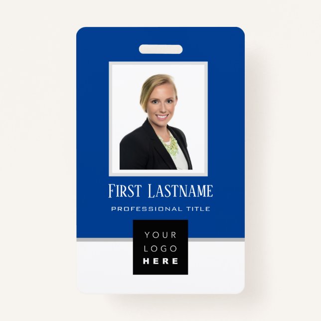 Barcode Photo Name ID Card Vertical Blue White ID Badge (Front)