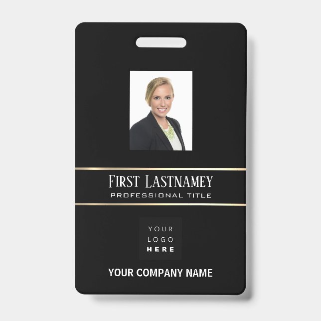 Barcode Photo Name ID Card Vertical Gold Frame Badge (Front)