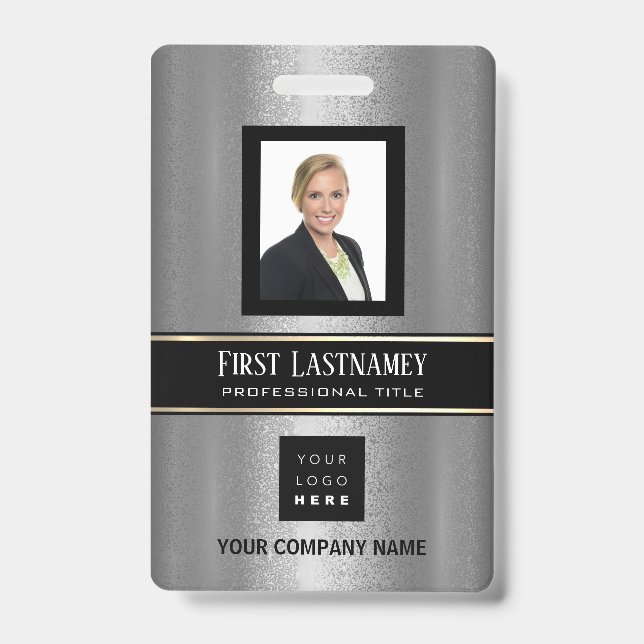Barcode Photo Name ID Card Vertical Metal Grey Badge (Front)