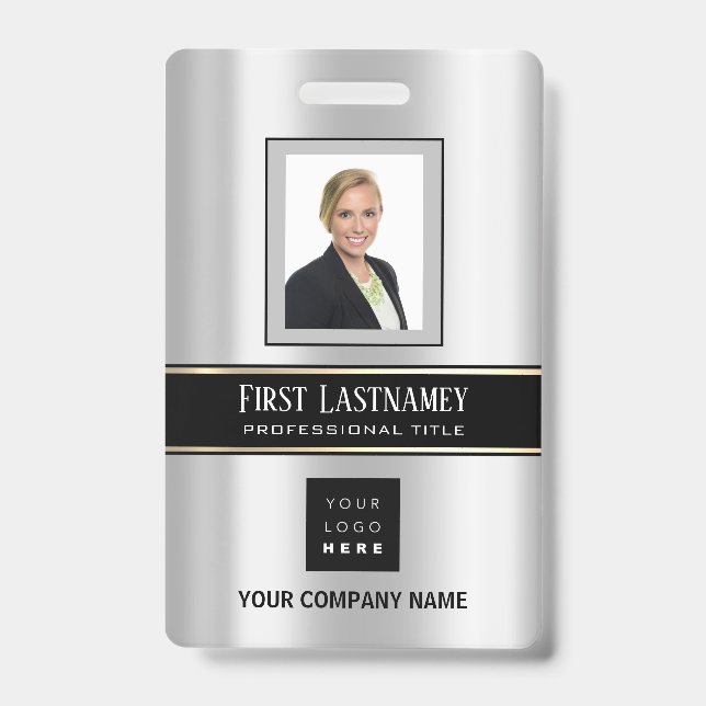 Barcode Photo Name ID Card Vertical Metal Grey Badge (Front)