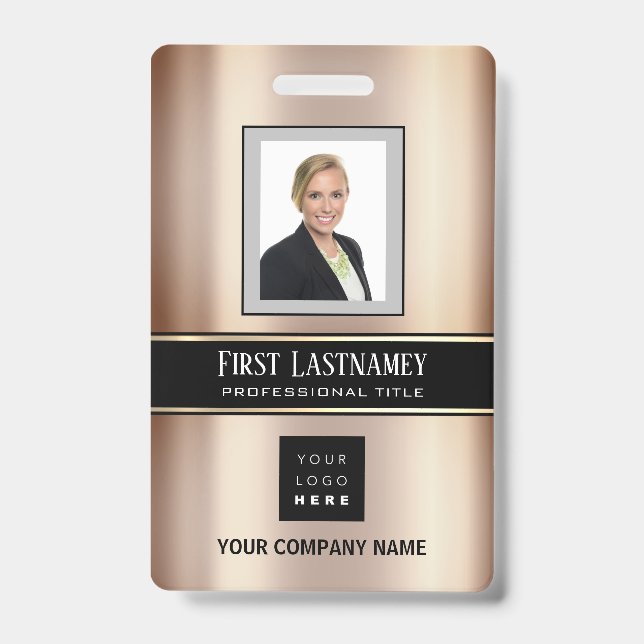Barcode Photo Name ID Card Vertical Metal Rose Badge (Front)