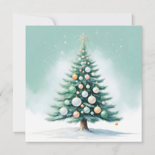 Bare Green Pine Tree Silver Green Orange Holiday Card