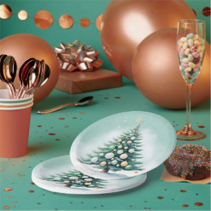 Bare Green Pine Tree   Silver Green Orange Paper Plate