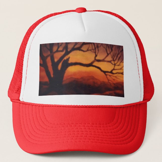 Bare limbed dead tree in front of sunset trucker hat (Front)