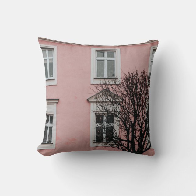 BARE TREE IN FRONT OF PINK BUILDING CUSHION (Front)