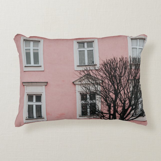 BARE TREE IN FRONT OF PINK BUILDING DECORATIVE CUSHION (Front)