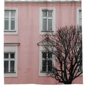 BARE TREE IN FRONT OF PINK BUILDING SHOWER CURTAIN