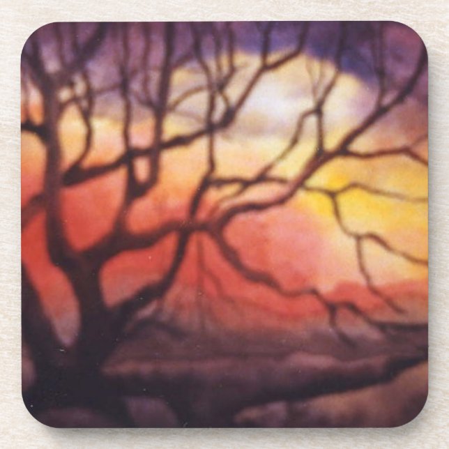 Bare winter tree and dramatic fiery sunset coaster (Front)