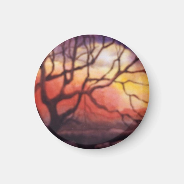 Bare winter tree with intense fiery sunset magnet (Front)