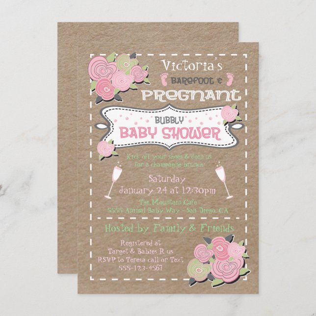 Barefoot and pregnant Bubbly baby shower invites (Front/Back)