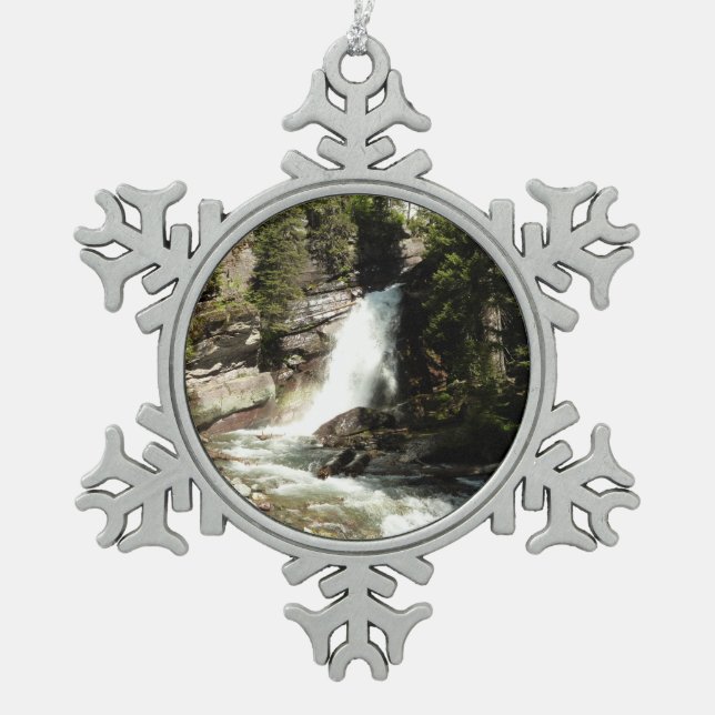 Baring Falls at Glacier National Park Snowflake Pewter Christmas Ornament (Front)