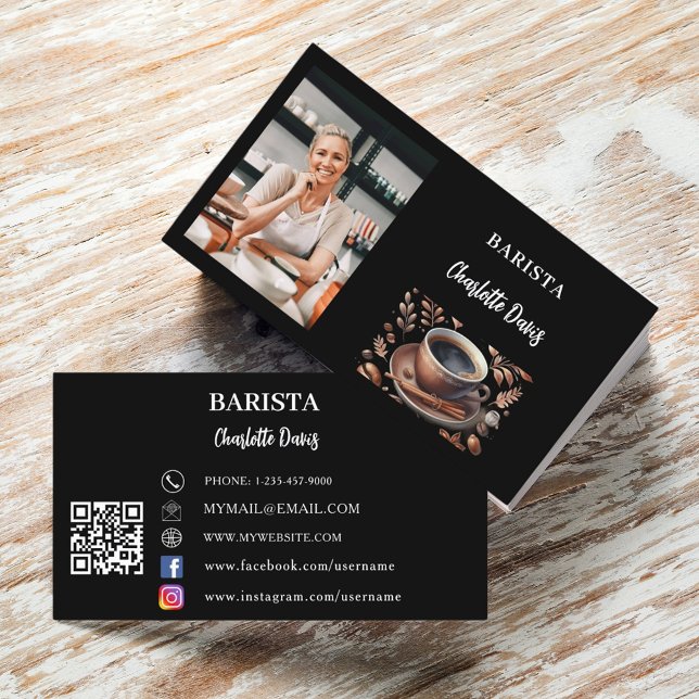 Barista black photo QR code coffee cup Business Card (Creator Uploaded)