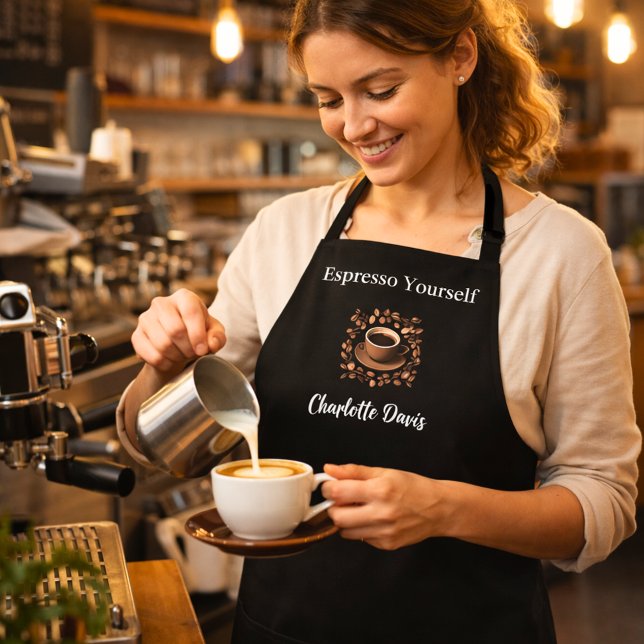 Barista black white cup coffee beans name quote apron (Creator Uploaded)