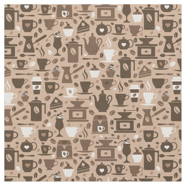 Barista coffee themed brown pattern fabric (Close Up)