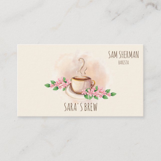barista modern watercolor coffee mug flowers cafe business card (Front)