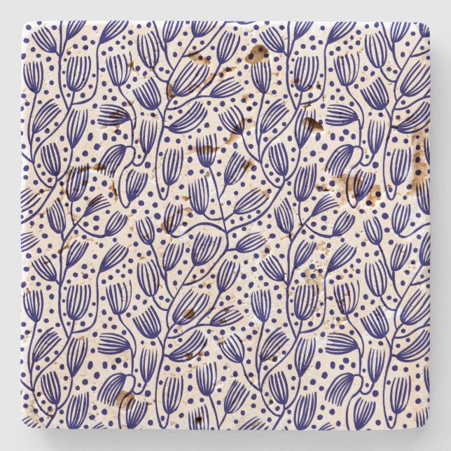 Barkcloth Style Pattern - Dark Blue on White Stone Coaster (Front)
