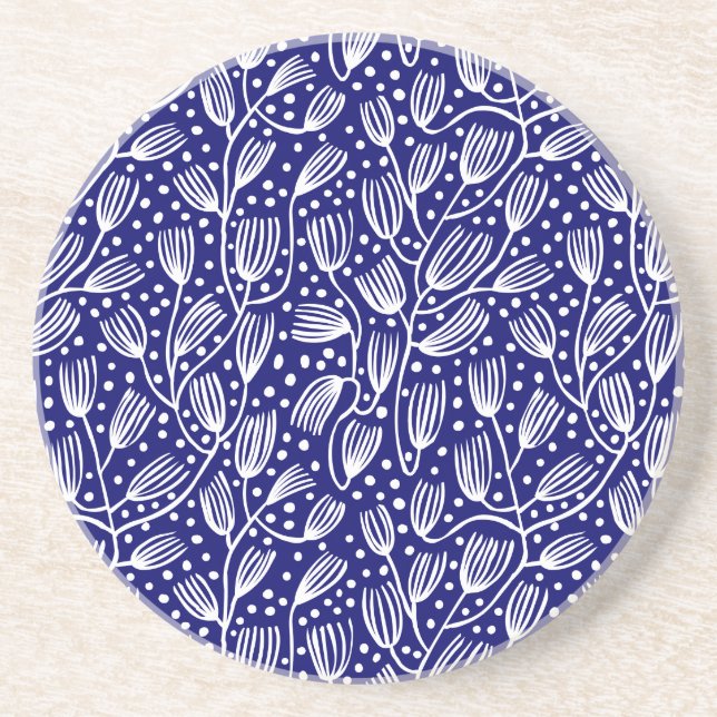 Barkcloth Style Pattern - White on Dark Blue Coaster (Front)