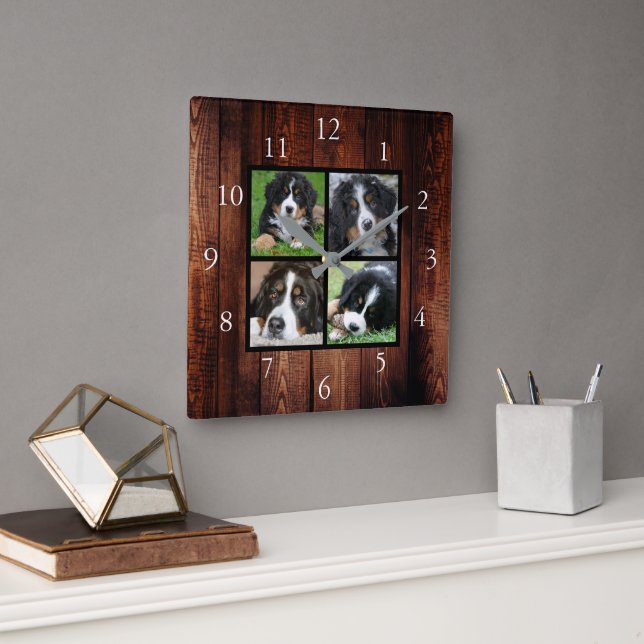Barm wood pattern Family custom photo collage Square Wall Clock (Office)