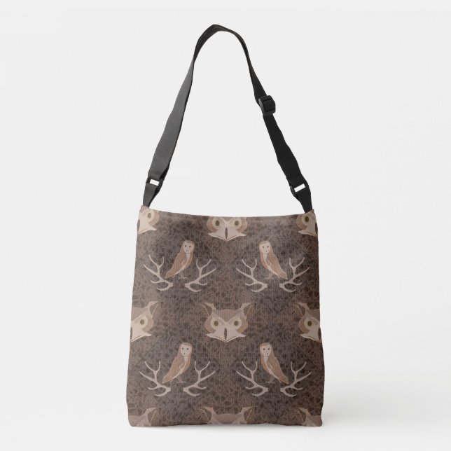 Barn and Hoot Owl Over a Brown Moss Pattern Crossbody Bag (Back)