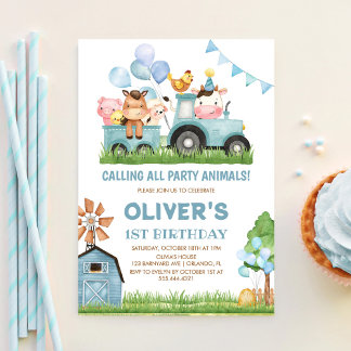 Barn Animals, Barnyard, Ranch Boys 1st Birthday Invitation