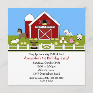 Barn Animals Fun 1st Birthday Invitation
