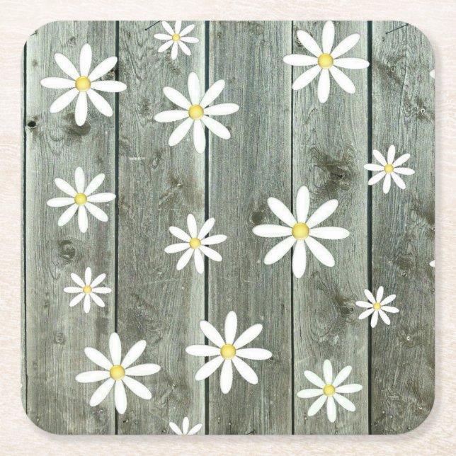 Barn Board Daisy Flower Square Paper Coaster (Front)