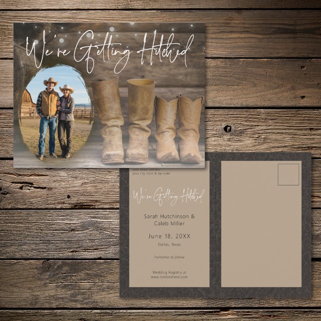 Barn & Boots Rustic Cowboy Photo Save the Date Announcement Postcard (Barn & Boots Rustic Cowboy Photo Save the Date Announcement Postcard)
