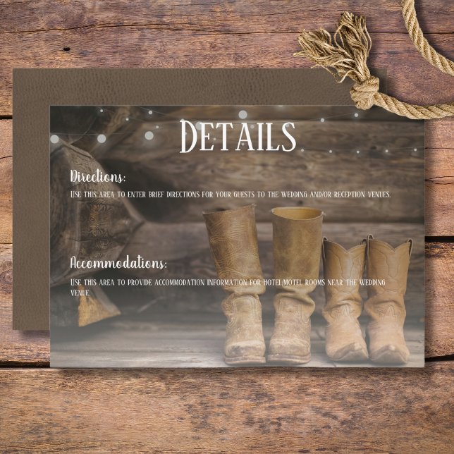 Barn & Boots Rustic Cowboy Western Wedding Details Enclosure Card (Rustic Boots for Two Cowboy Wedding Details Enclosure Card)
