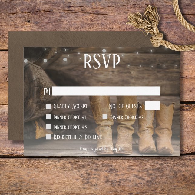 Barn & Boots Rustic Cowboy Western Wedding Dinner RSVP Card (Rustic Boots for Two Cowboy Wedding Dinner RSVP Card)