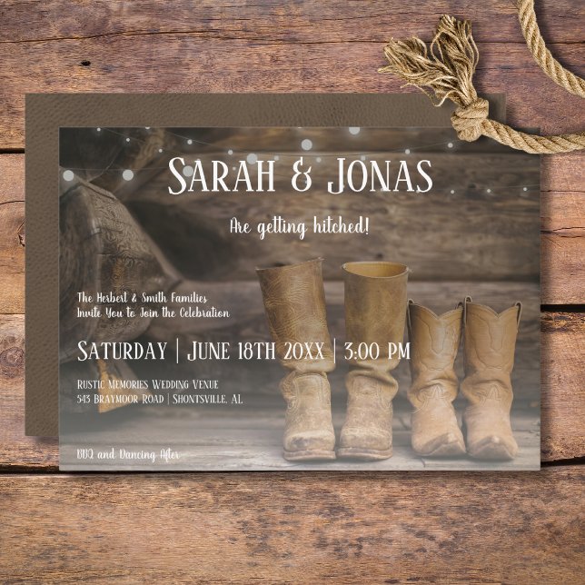 Barn & Boots Rustic Cowboy Western Wedding Invitation (Barn Rustic Boots for Two Cowboy Wedding Invitation)