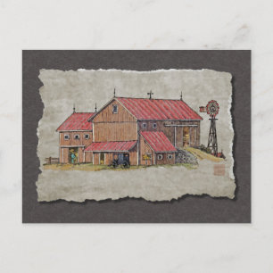 Barn Buggy & Windmill Postcard