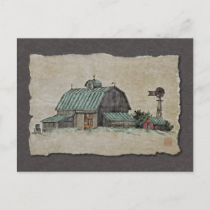Barn Corn Crib & Windmill Postcard