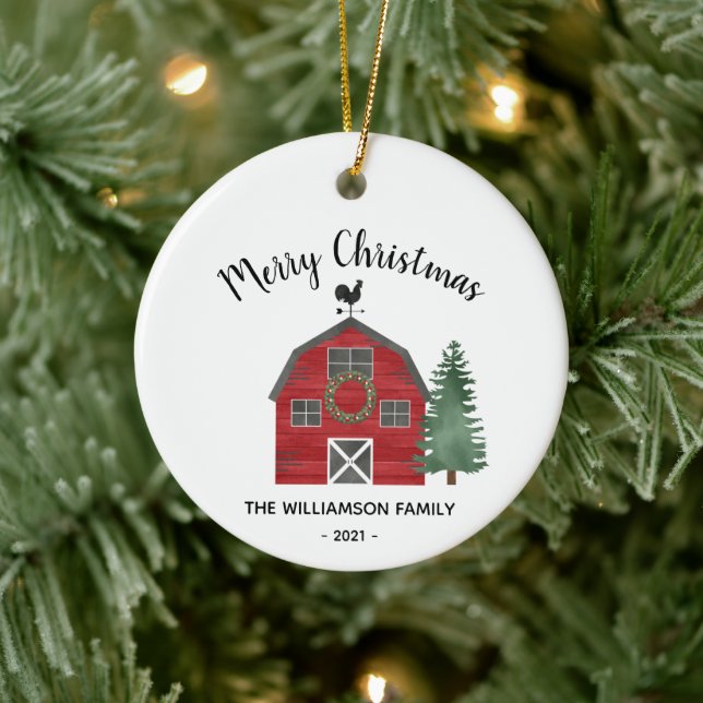 Barn Farm Country Merry Christmas Family Name  Ceramic Tree Decoration (Tree)