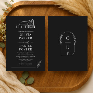 Barn Farmhouse Black White Line Art Wedding Invitation