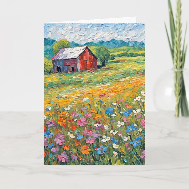 Barn In Wildflower Field Card (Front)