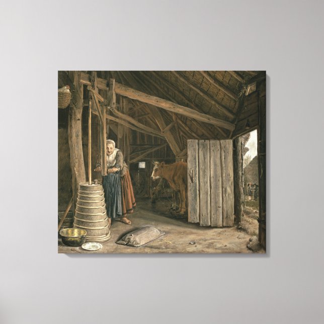 Barn Interior with a Maid Churning Butter Canvas Print (Front)