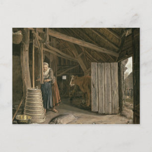Barn Interior with a Maid Churning Butter Postcard