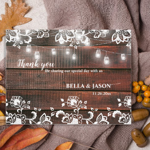 Barn Lace Wood Rustic Chic Wedding Thank You Postcard