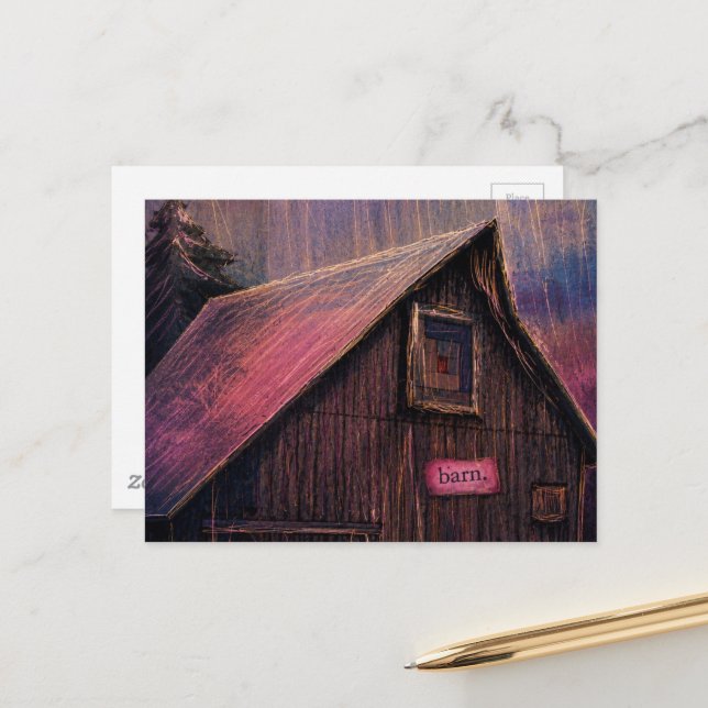 Barn Mixed Media Collage Postcard (Front/Back In Situ)