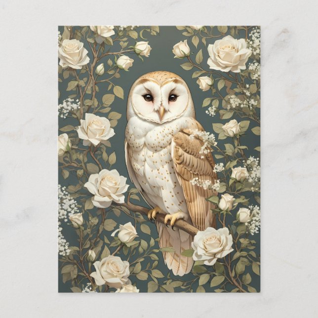 Barn Owl And White Roses William Morris Inspired Postcard (Front)