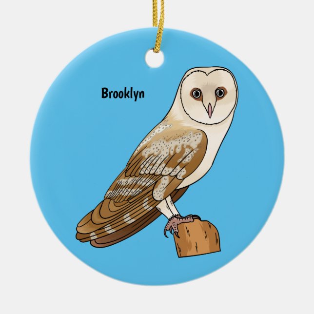 Barn owl bird cartoon illustration ceramic tree decoration (Front)