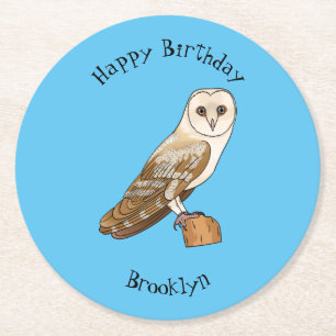 Barn owl bird cartoon illustration round paper coaster