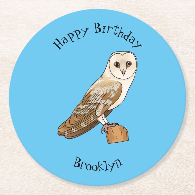 Barn owl bird cartoon illustration  round paper coaster (Front)