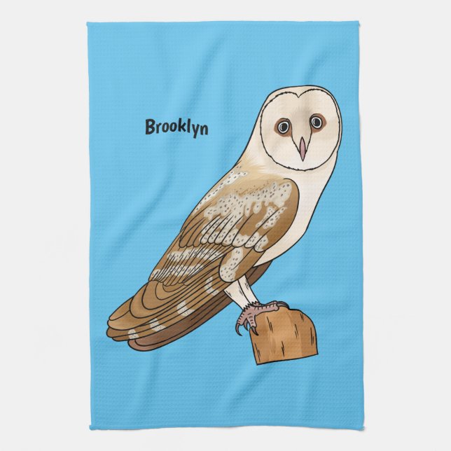 Barn owl bird cartoon illustration tea towel (Vertical)