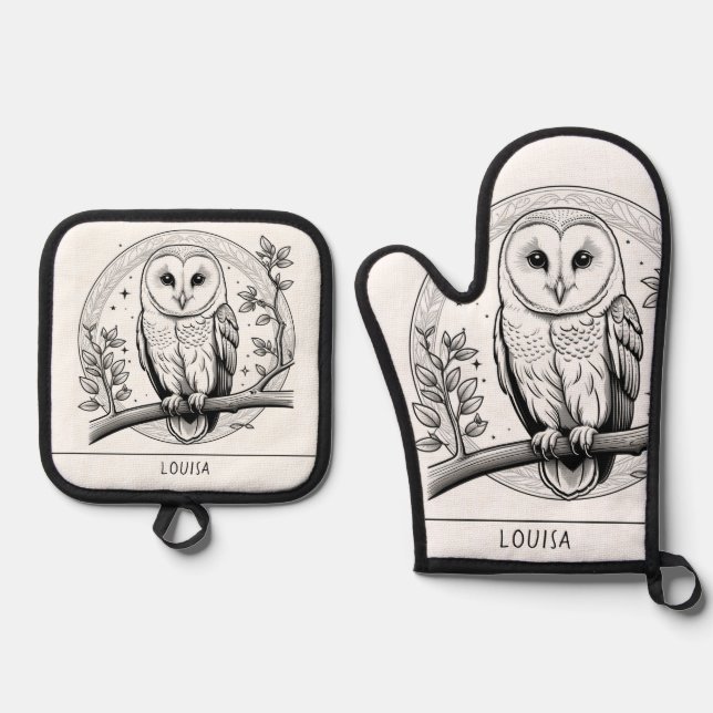 Barn Owl Bird Picture Line Art Black & White Oven Mitt & Pot Holder Set (Front)