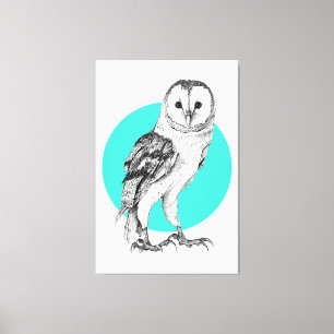 Barn Owl drawing In Black Pen on Turquoise Canvas Print